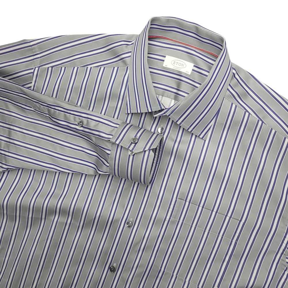 Eton Dress Shirt Mens 17.5 Gray Blue‎ Stripe Classic Fit Long Sleeve Cotton